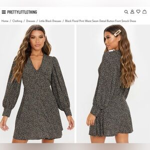 Black Floral Print Waist Seam Detail Button Front Smock Dress